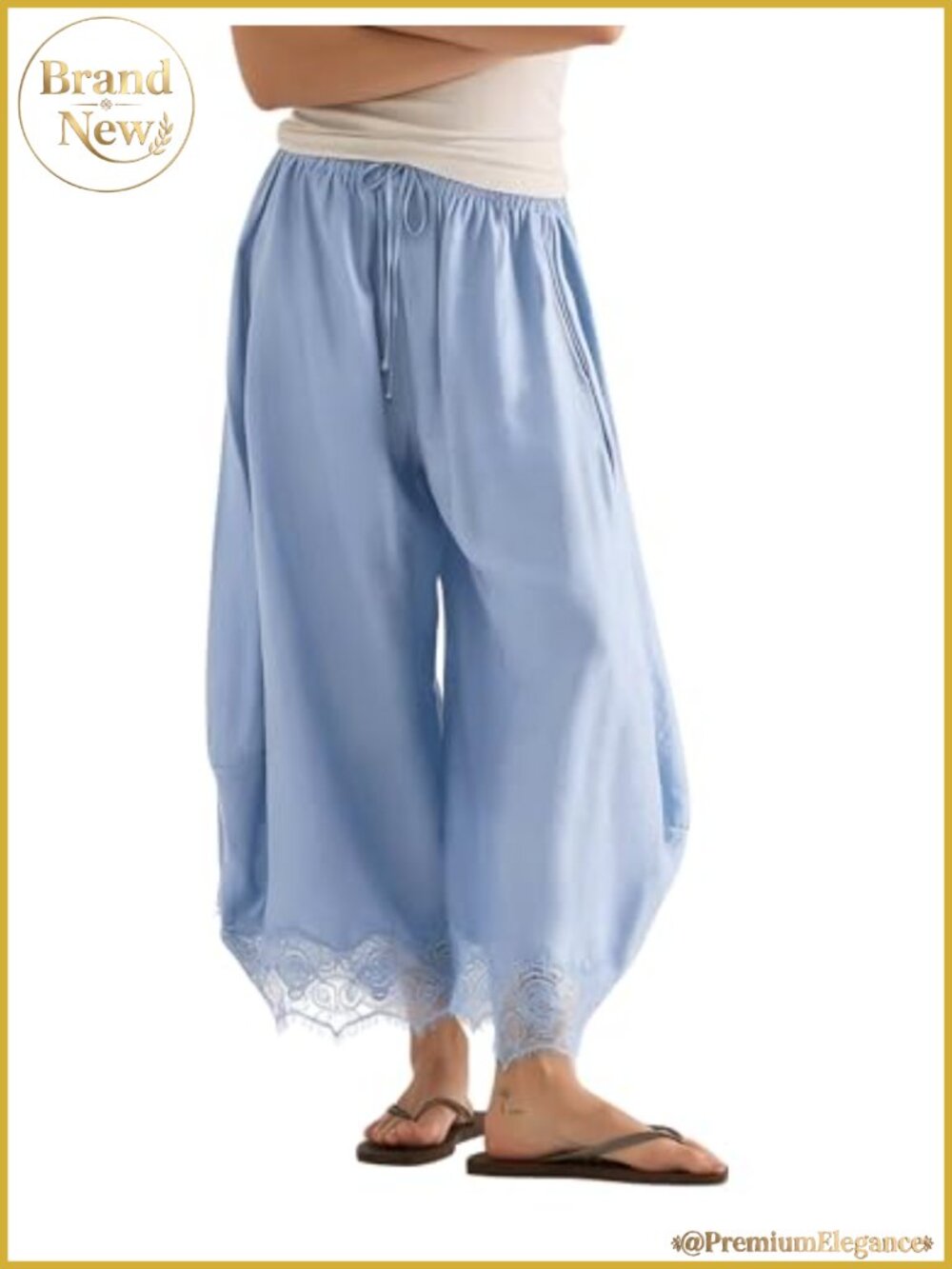 Cropped Wide Leg Lace Hem Pants High Waist Drawstring Loose Fit
